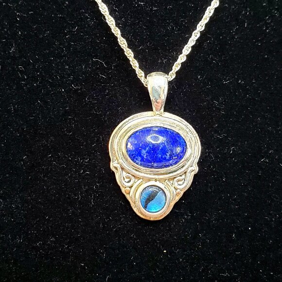 JC Sterling Silver 925 Blue Lapis Lazuli & Opal Pendant Necklace 18" Chain - Picture 8 of 16